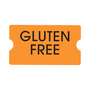 An orange ticket-shaped label with the words 'GLUTEN FREE' printed in bold black text, centered on a white background.