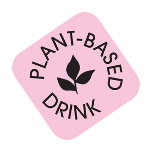 A pink rounded square sticker or label with black text reading 'PLANT-BASED DRINK' and a black leaf icon in the center, shown on a white background.