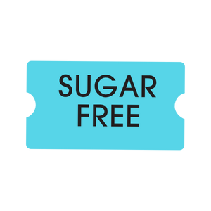 A light blue ticket-shaped label with the words 'SUGAR FREE' in bold black text, centered on a plain white background.