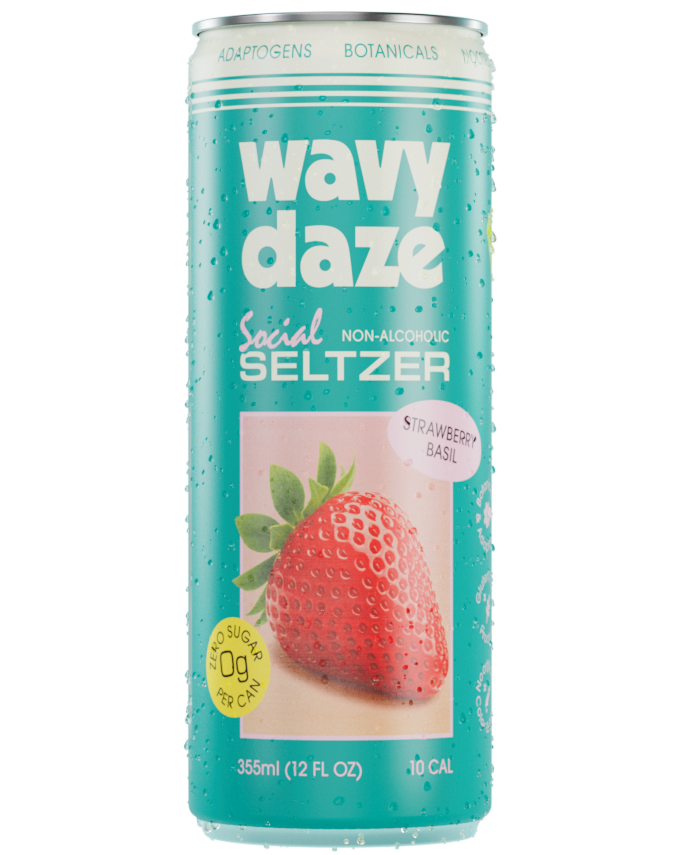 Strawberry Basil non-alcoholic seltzer can by Wavy Daze